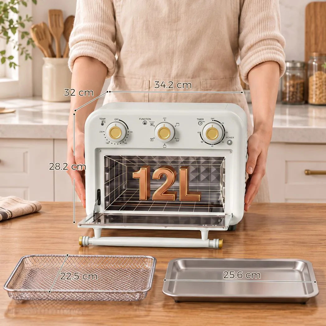 HOMCOM 12L Air Fryer Toaster Oven – Retro Convection Countertop Oven with Adjustable Temperature and Timer, Cream White