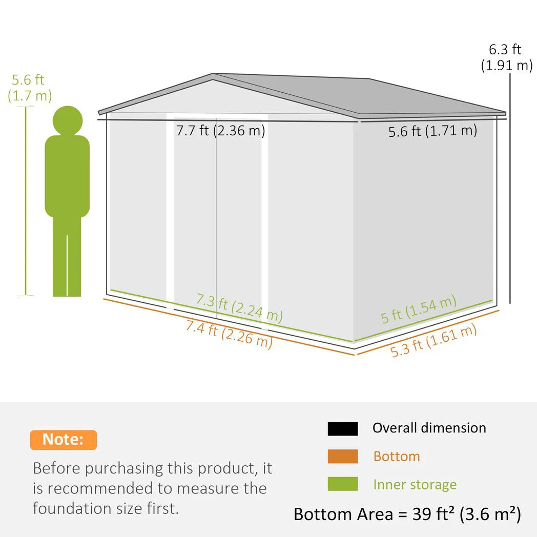 Outsunny 8 x 6ft Galvanised Steel Garden Shed with Lockable Sliding Double Doors and Vents, Dark Grey