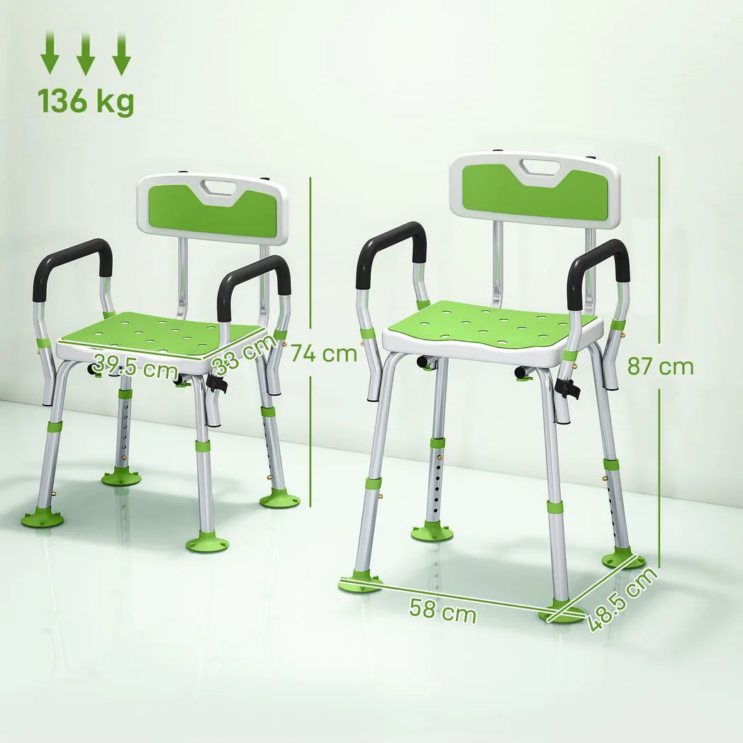 HOMCOM Height Adjustable Shower Chair with Back, Arms & Padded Seat – Bath Aid for Elderly and Disabled, Green