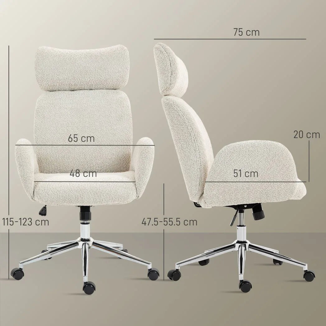 HOMCOM Boucle Office Chair with Adjustable Headrest and Spring Pack – Ergonomic High Back Chair, Pale Grey