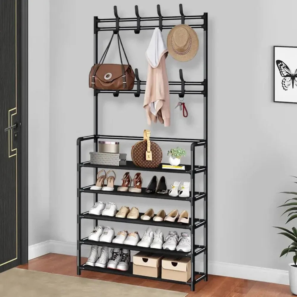 3-in-1 Metal Coat Stand with 8 Detachable Hooks & Shoe Shelves, 60 x 26 x 170cm, Black
