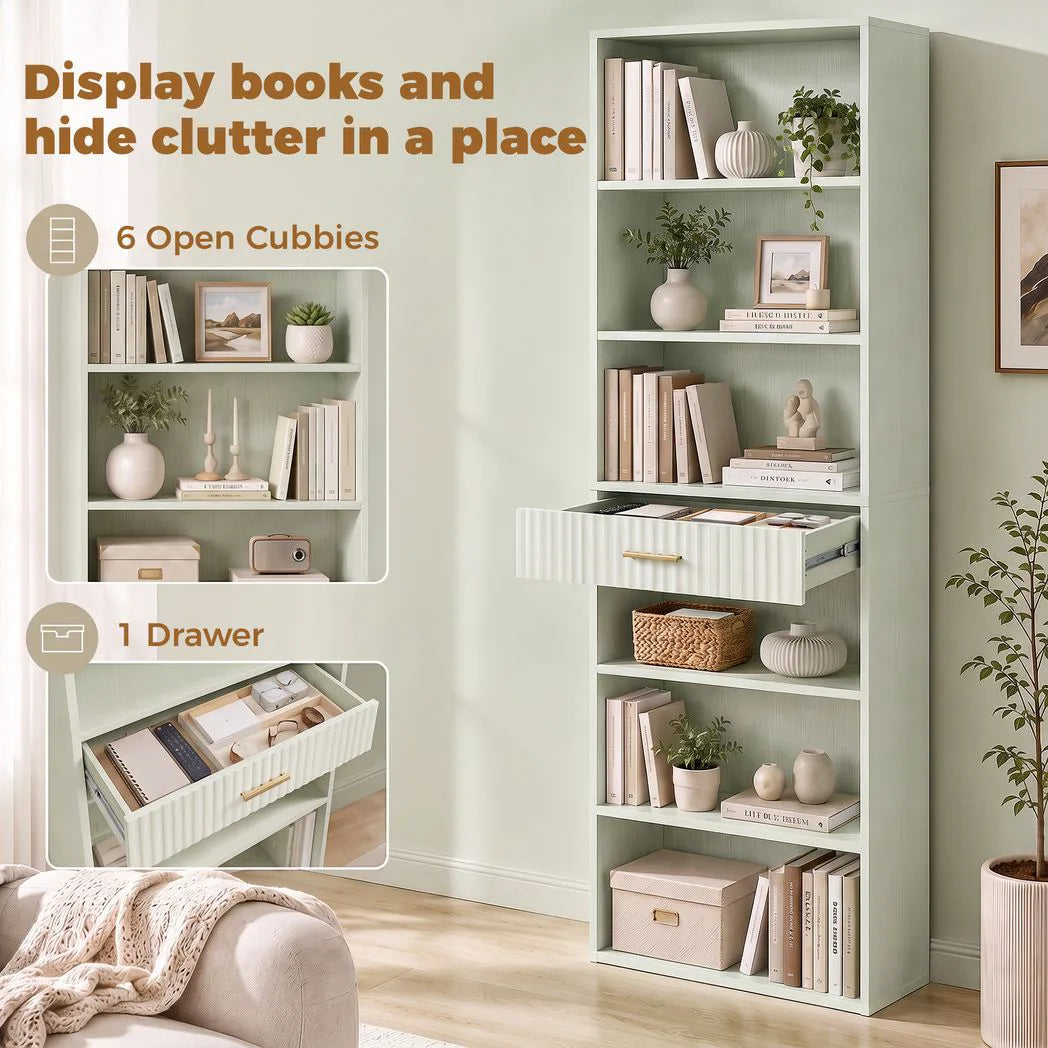 HOMCOM Narrow Tall Bookcase with Drawer and 6 Open Shelves – 182cm Space-Saving Bookshelf, Light Green