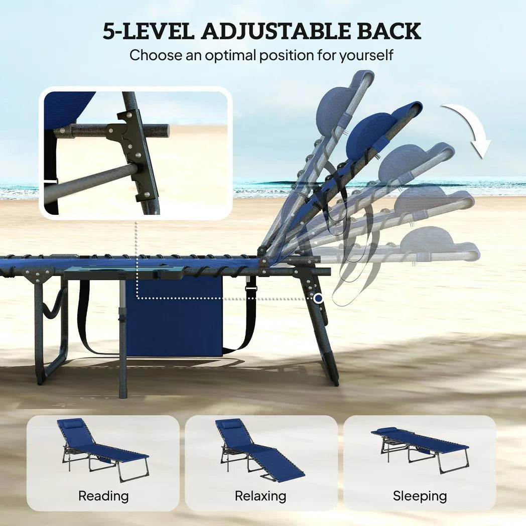 Outsunny Set of 2 Folding Sun Loungers, 5-Position Reclining with Pillow, Side Table and Pocket, Dark Blue