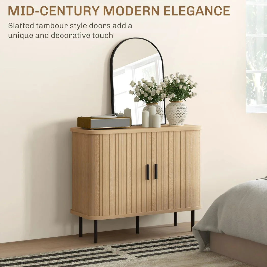 HOMCOM Mid-Century Sideboard with Slatted Tambour Sliding Doors & Steel Legs – Oak Tone