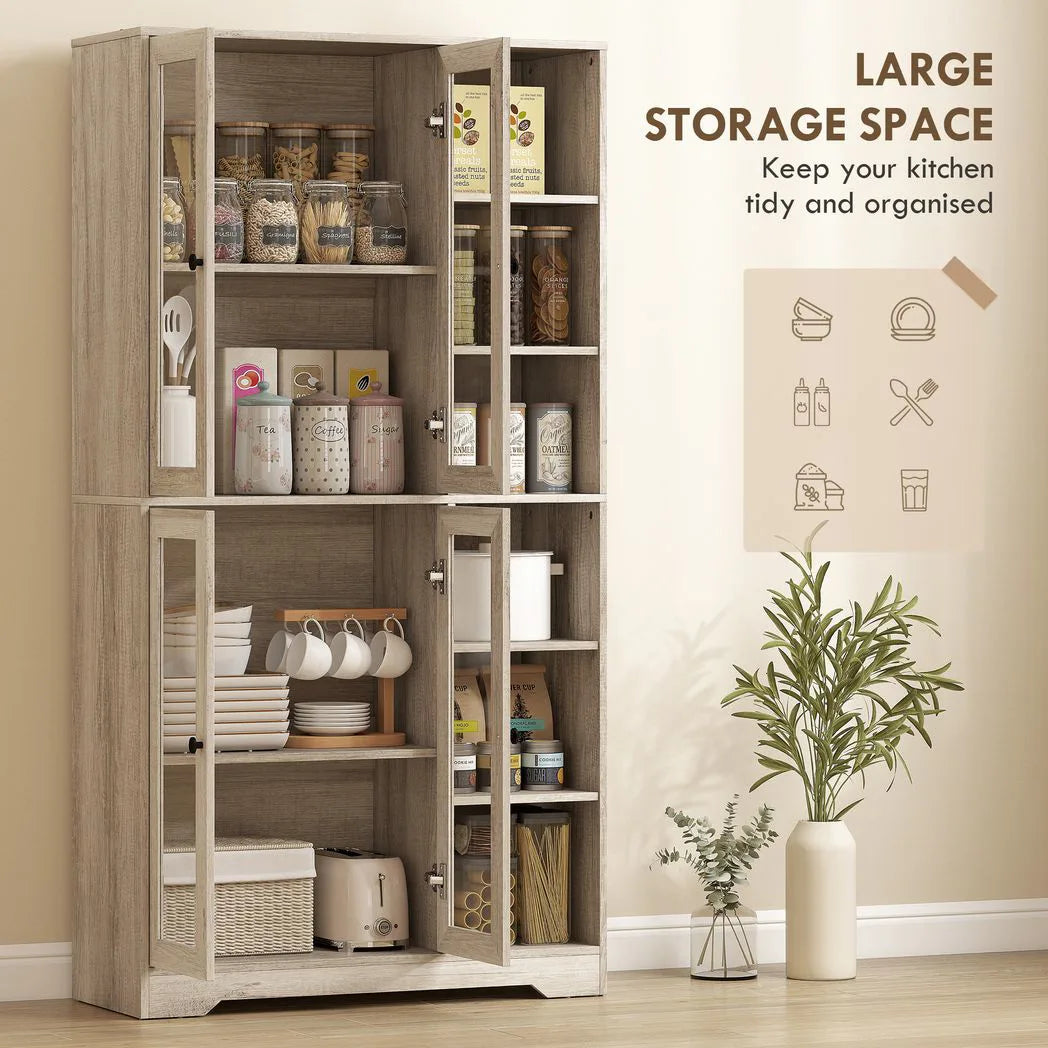 HOMCOM Multi-Storage Kitchen Cabinet with Glass Doors, Soft-Close Hinges and Adjustable Shelves – Grey Wood-Effect