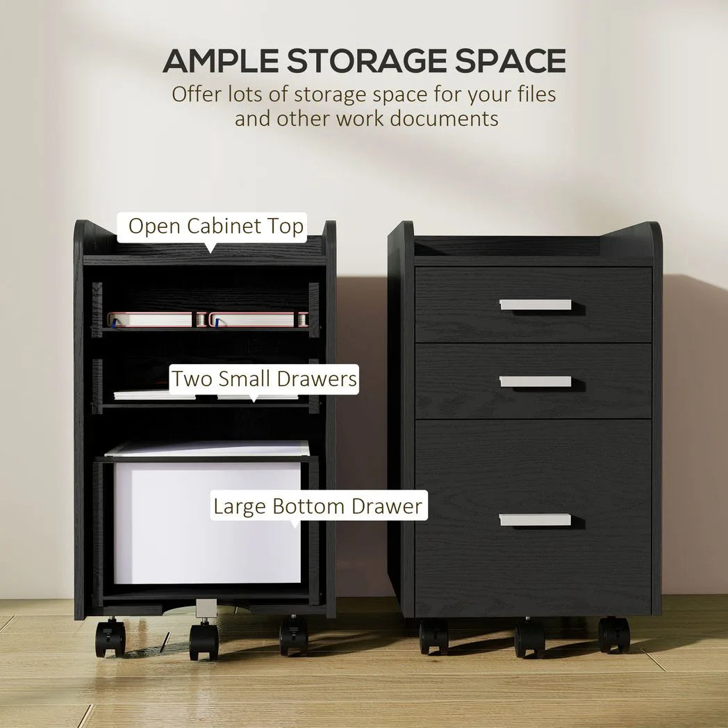 HOMCOM 3 Drawer Rolling Filing Cabinet with Printer Top – Under-Desk A4 Hanging Folder Storage, Black