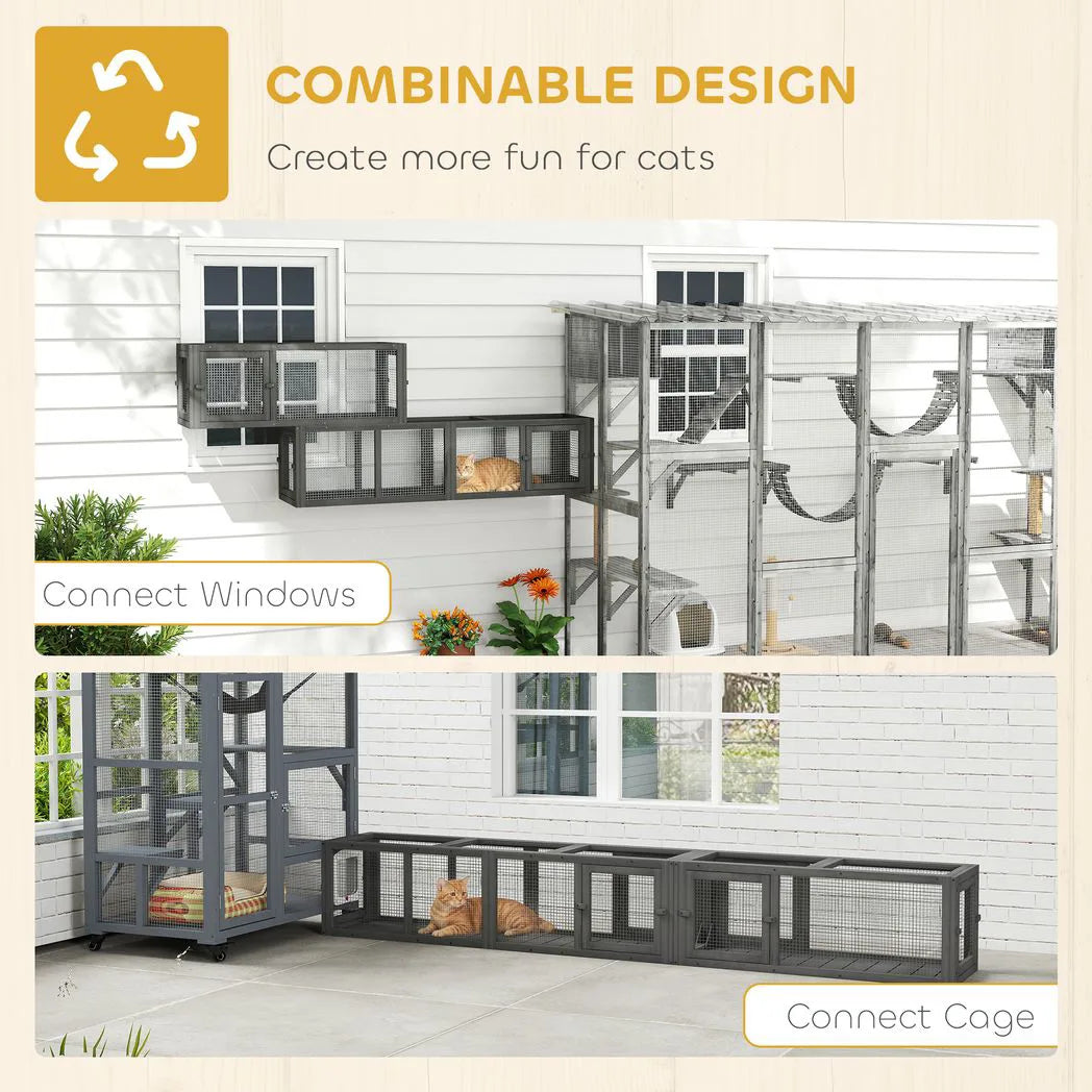 PawHut 250cm Extra Long Wooden Cat Tunnel with 8 Doors – L-Shape or Rectangle Outdoor Cat Enclosure, Dark Grey