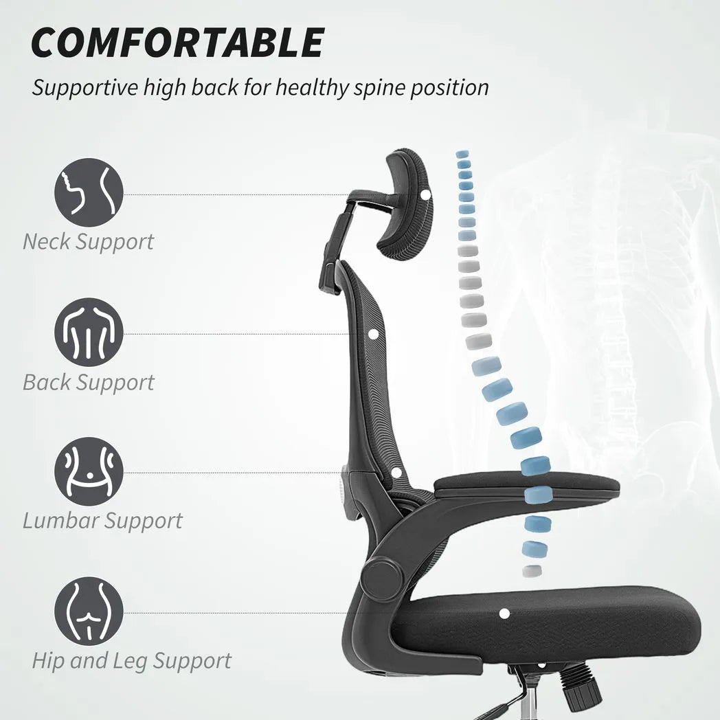 HOMCOM Mesh Back Office Chair with Lumbar Support, Flip-Up Armrests & Rocking – Desk Chair, Black