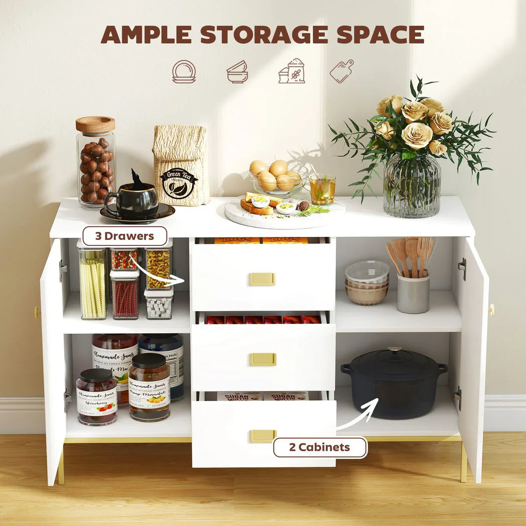 HOMCOM Modern White and Gold Sideboard with 2 Cupboards and 3 Drawers – Dining Room, Kitchen Storage Cabinet