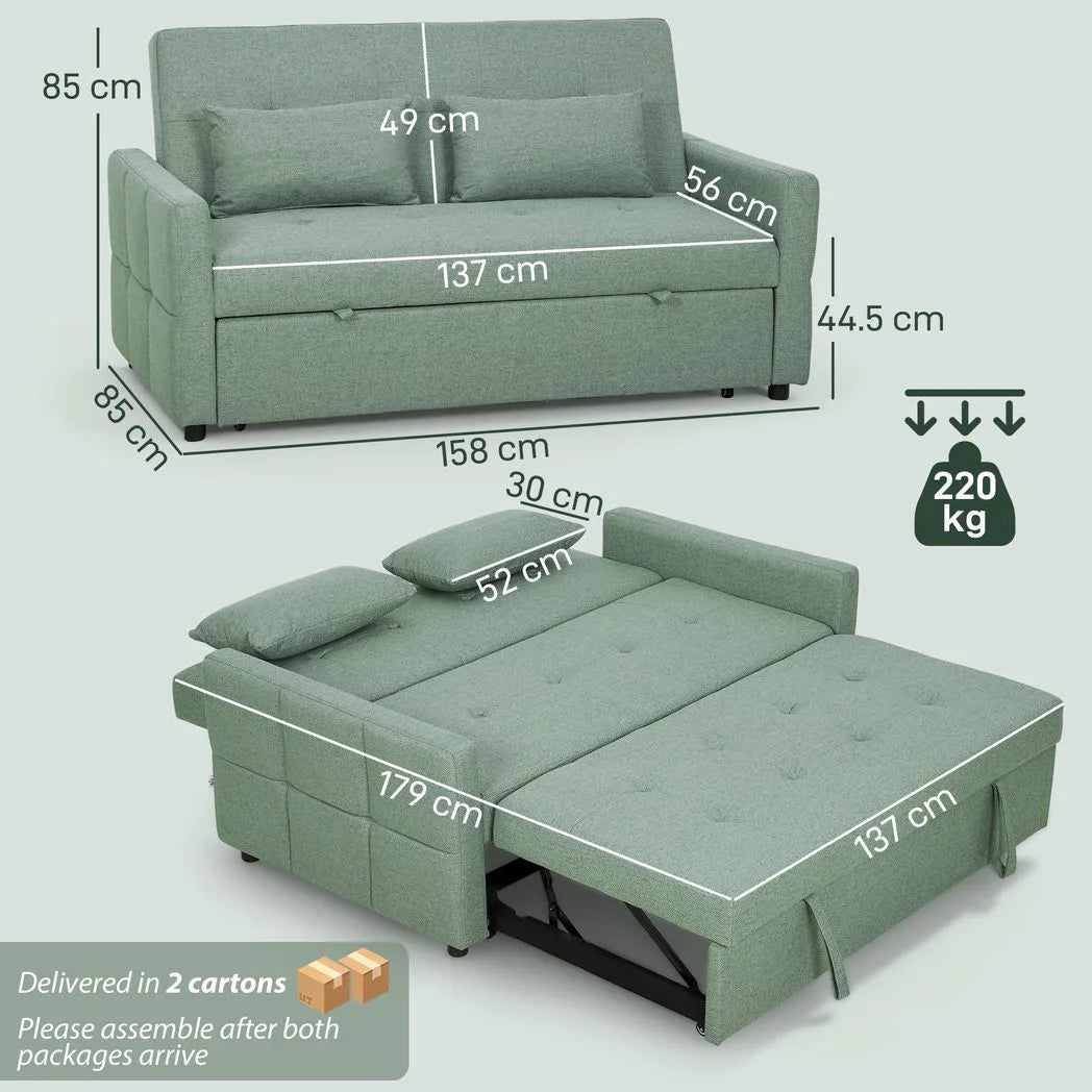 HOMCOM 2 Seater Sofa Bed with Three-Position Back & 2 Pillows – Pull-Out Guest Bed, Green Linen-Look