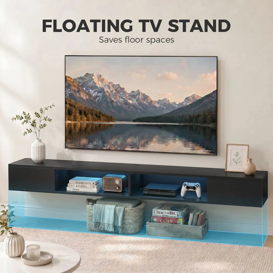 HOMCOM Wall Mounted TV Stand with RGB LED Lights – Floating Entertainment Unit for TVs up to 75 Inch, Black