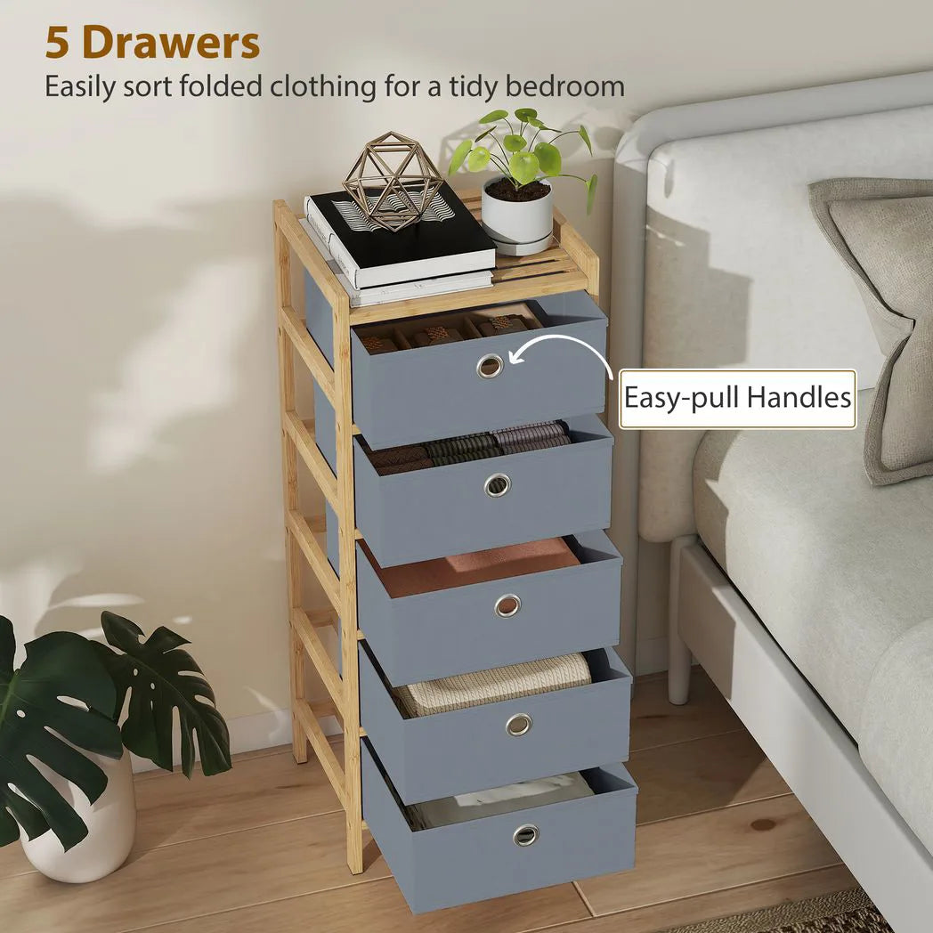 HOMCOM 5-Drawer Narrow Chest of Drawers with Fabric Drawers & Bamboo Frame – Slim Storage, Light Grey