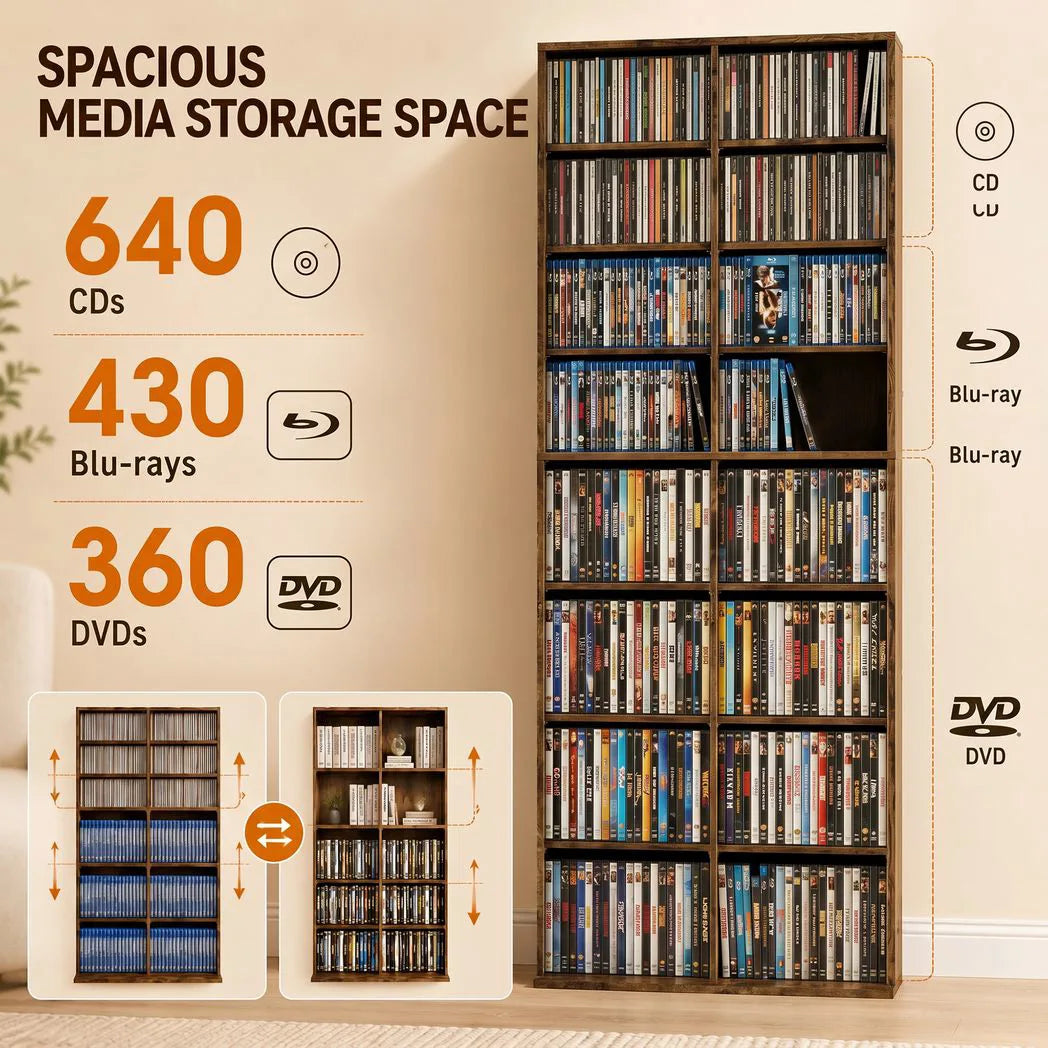 HOMCOM CD Storage Tower for 640 CDs or 360 DVDs with 14 Adjustable Shelves – Tall Narrow Media Rack, Rustic Brown