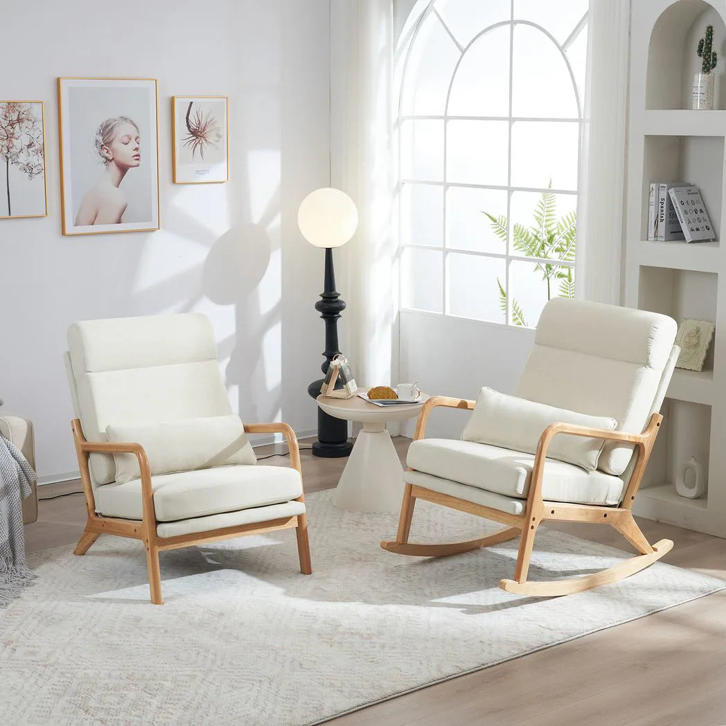 100*65*101cm High Back Belt Waist Pillow Log Color Solid Wood Armrest Backrest Seat Frame Iron Frame Indoor Rocking Chair/armchair dual use Off-white Linen
