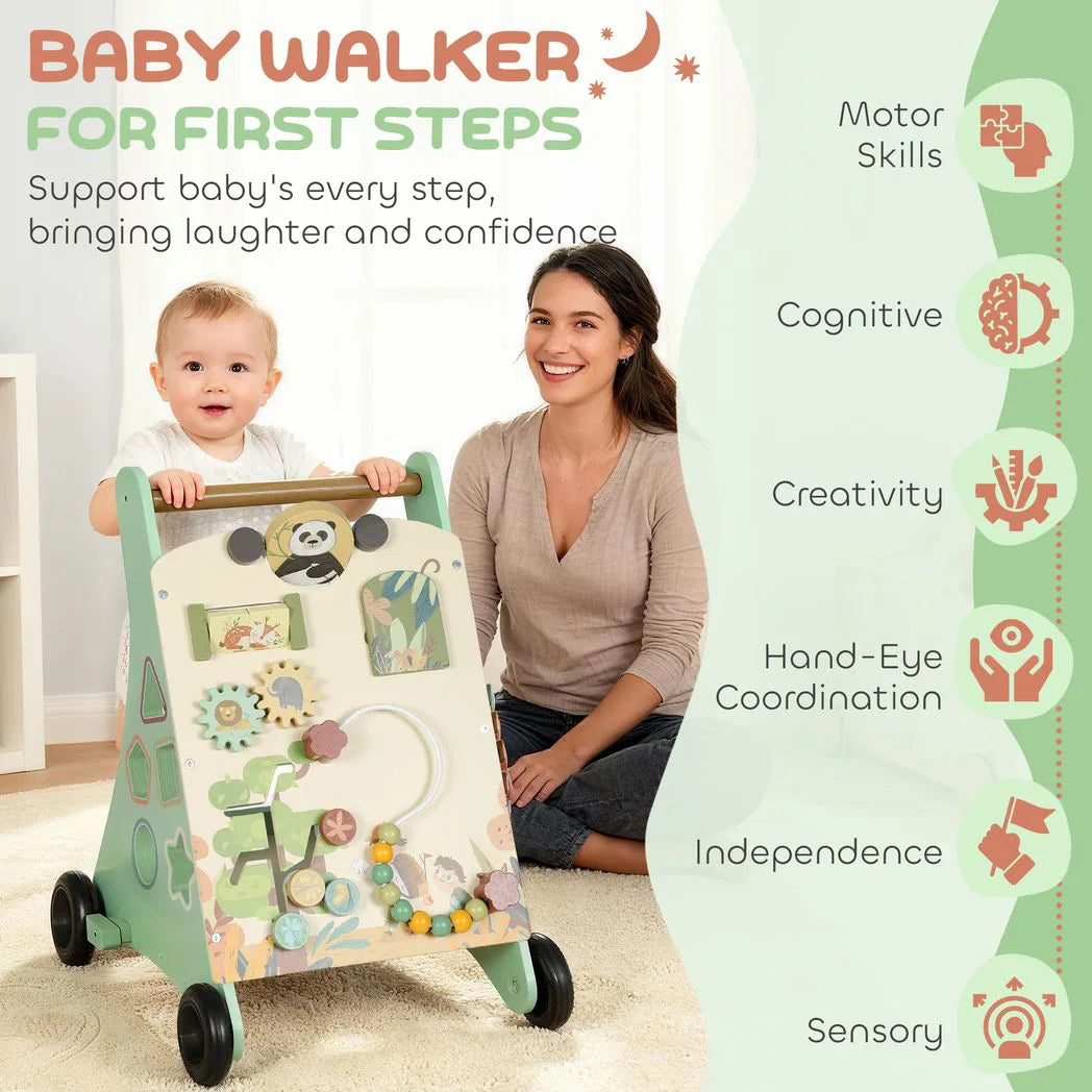AIYAPLAY Wooden Baby Walker with Speed Control, Xylophone, Gears & Bead Maze – Push Along Toy, Green