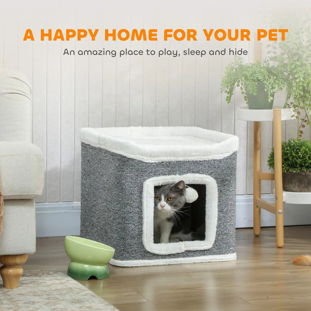 PawHut 2-Level Cat House with Top Bed and Fluffy Balls – Cosy Indoor Cat Cave for Kittens, Grey