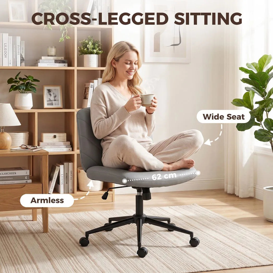 HOMCOM Armless Home Office Desk Chair with Wide 62cm Seat, Adjustable Height and Rocking – Pet-Friendly Leather, Grey