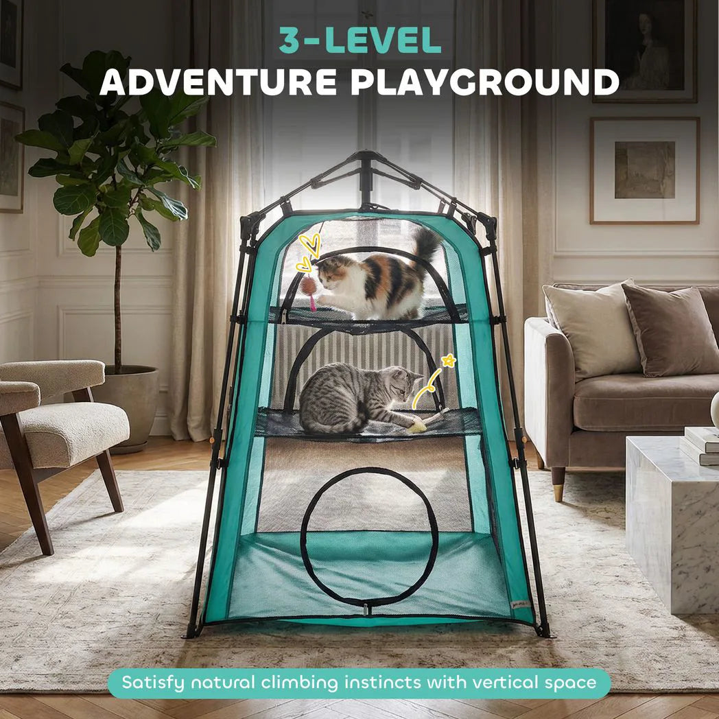PawHut 3-Tier Portable Cat Tent with Multiple Doors, Carry Bag and Breathable Mesh – Indoor and Outdoor Cat House