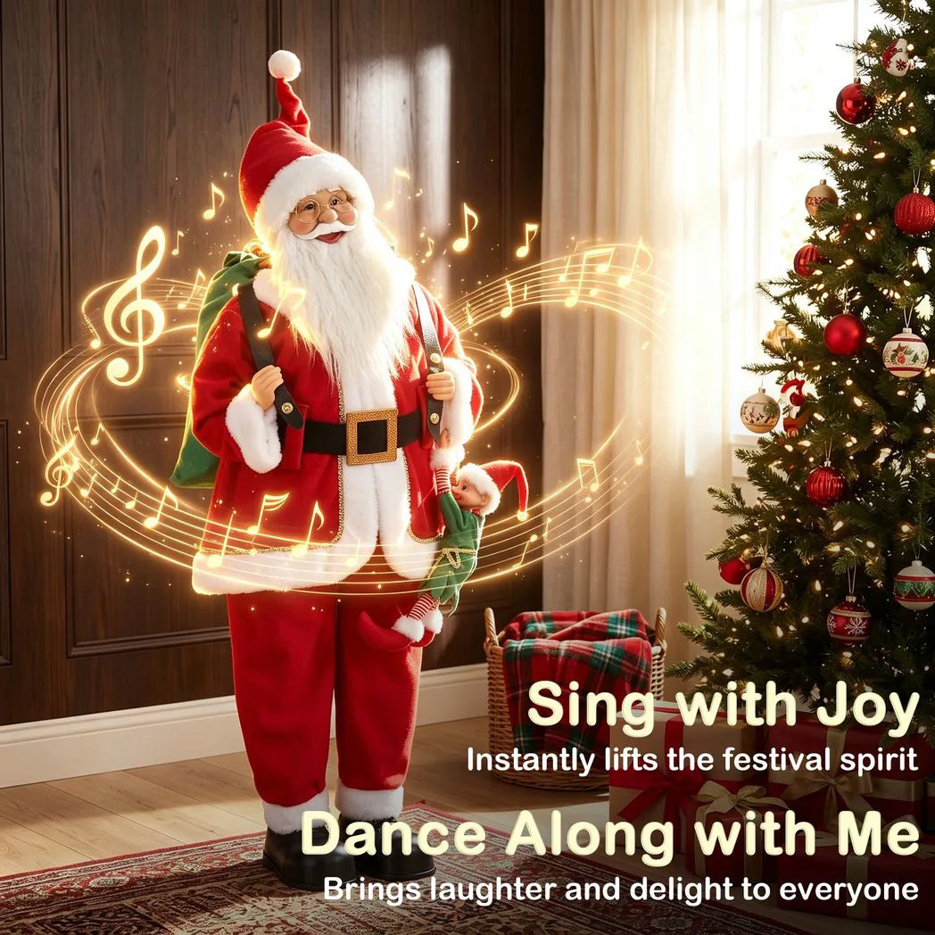 HOMCOM 4ft Singing Dancing Santa Claus with Sack and Hanging Elf – Animated Christmas Figure, Sound and Touch Activated