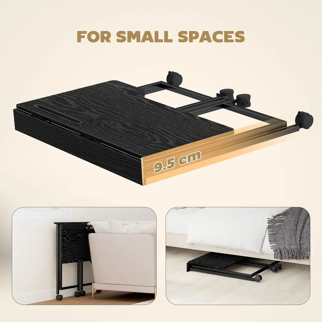 HOMCOM Folding Small Desk on Wheels – Space-Saving Computer Desk with Phone Slot, Black Wood Effect