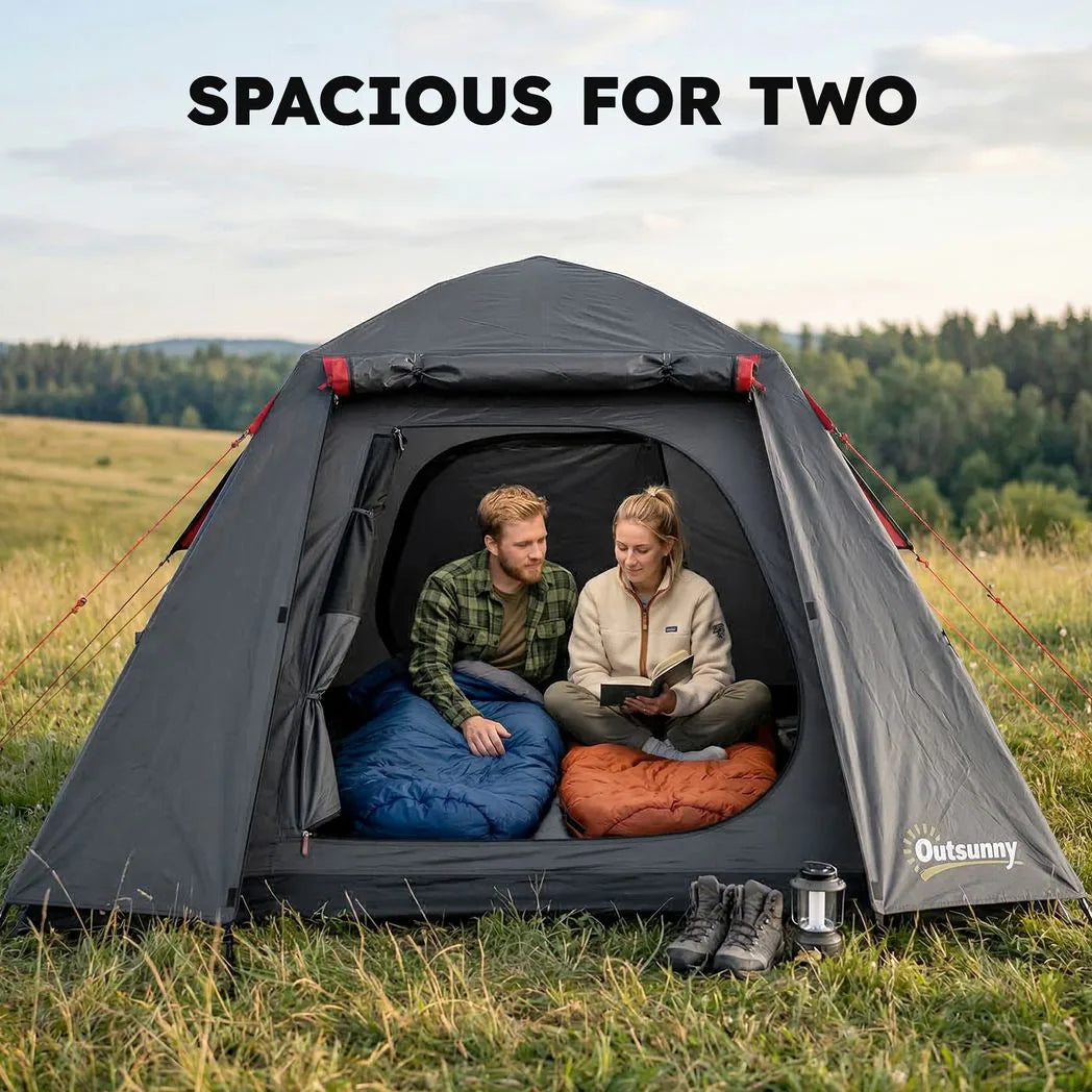 Outsunny 2-Person Camping Tent with 3000mm Waterproof Rating, 2 Doors & Mesh Windows – Dark Grey and Red
