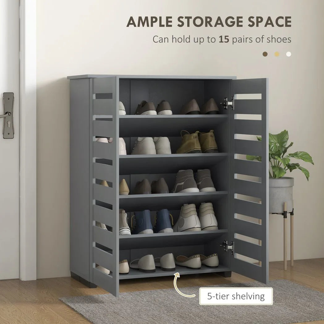 HOMCOM 5-Tier Narrow Shoe Cabinet with Slatted Doors and Adjustable Shelves – Holds 15 Pairs, Dark Grey