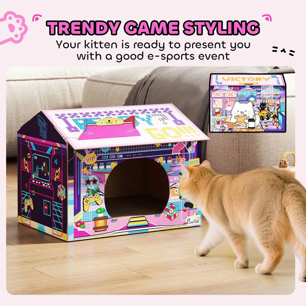 PawHut 2-in-1 Gaming-Style Cardboard Cat House with Scratching Board and Catnip – Indoor Cat Scratcher, Pink