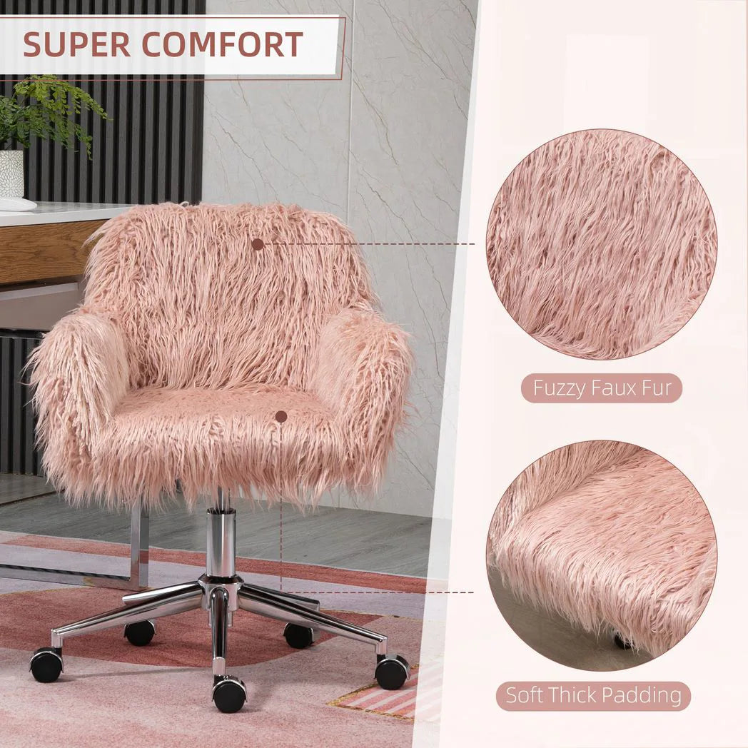 Vinsetto Faux Fur Swivel Desk Chair with Armrests, Adjustable Height – Makeup Chair for Bedroom, Pink