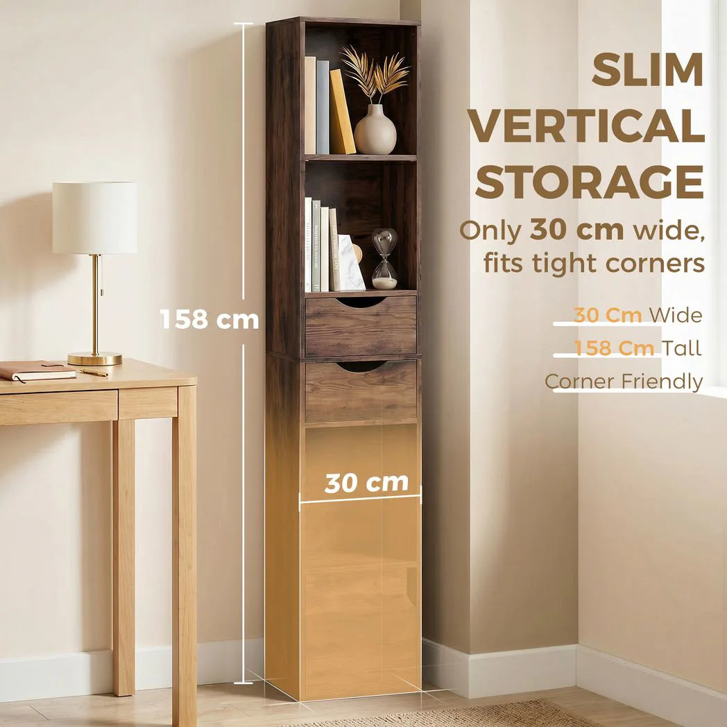 HOMCOM 158 cm Slim Bookcase with 2 Drawers, Cabinet and Adjustable Shelf – Rustic Brown