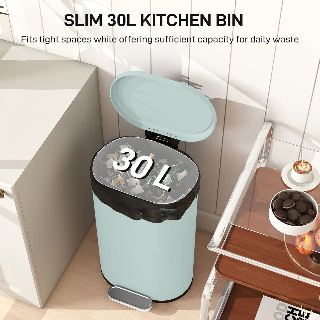 HOMCOM 30L Pedal Kitchen Bin with Soft-Close Lid & Removable Bucket – Curved Modern Design, Green