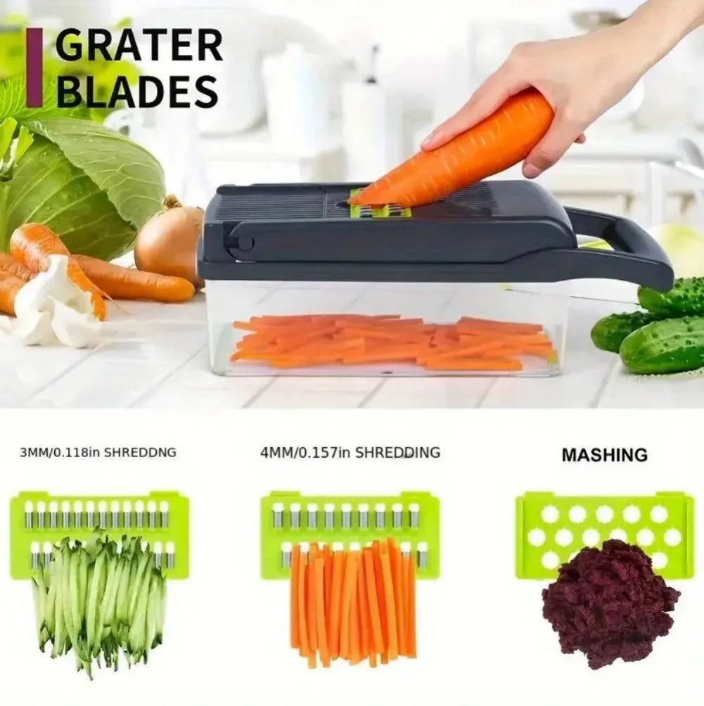 16-in-1 Vegetable Chopper with 8 Interchangeable Blades and 1.5L Container – Salad Slicer, Dicer and Grater Set