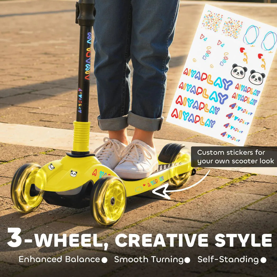 AIYAPLAY Foldable Three-Wheel Electric Scooter with LED Lights, Adjustable Handlebar – Kids Ages 6-10, Yellow