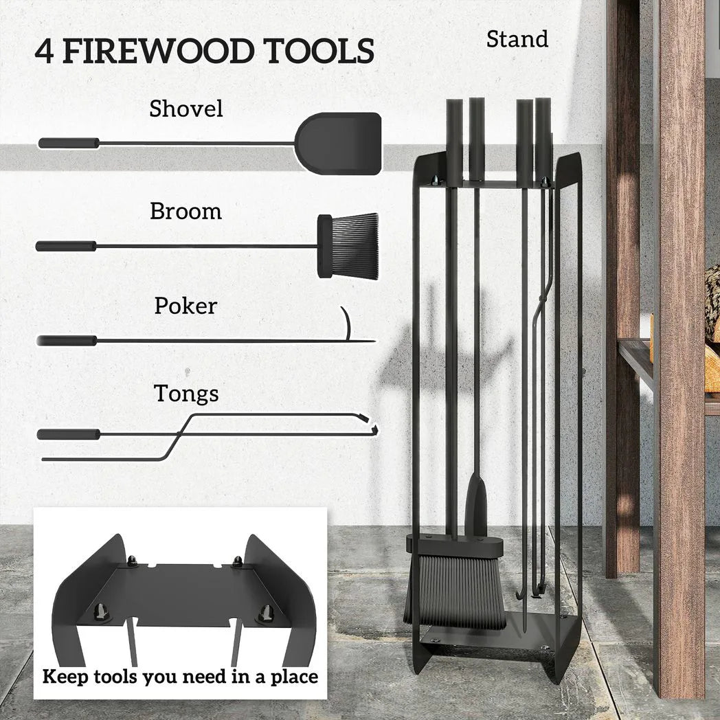 Outsunny 5-Piece Fireplace Companion Set – Brush, Shovel, Poker, Tongs and Stand, Black Metal
