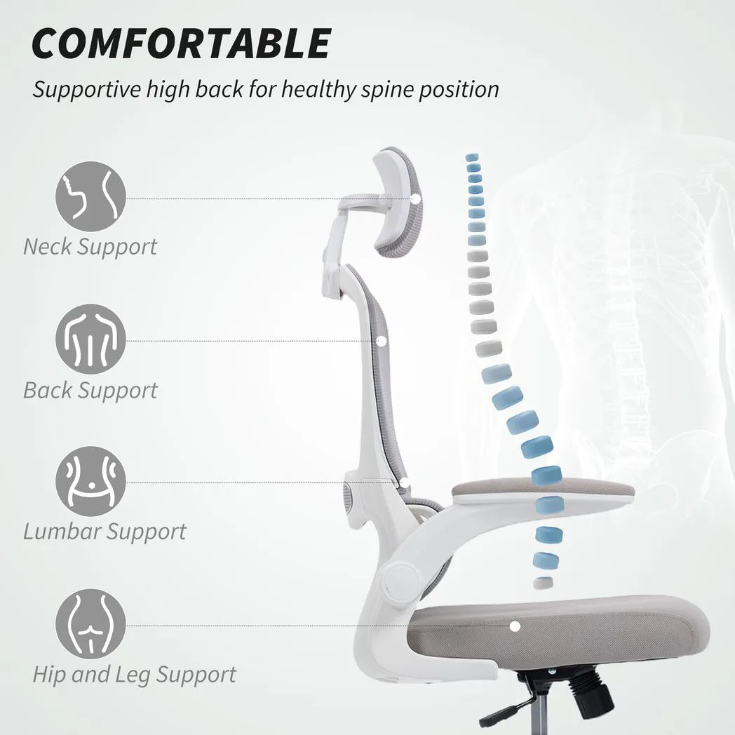 HOMCOM Mesh Back Office Chair with Lumbar Support, Headrest & Flip-Up Armrests – Ergonomic Desk Chair, Grey