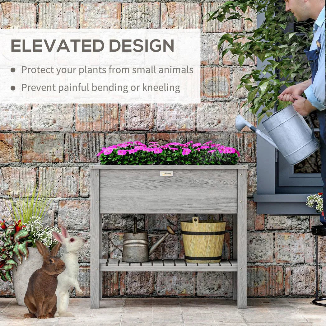 Outsunny Wooden Raised Garden Bed with Storage Shelf & Drainage Holes – 2-Tier Elevated Planter Box, Grey