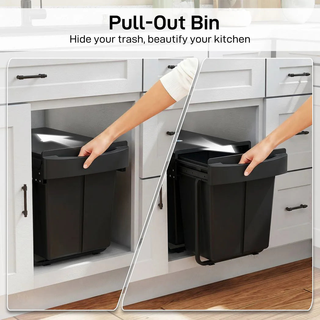 HOMCOM Pull Out Bin with 2 x 20L Removable Compartments – Under Sink Kitchen Waste and Recycling Bin, Black