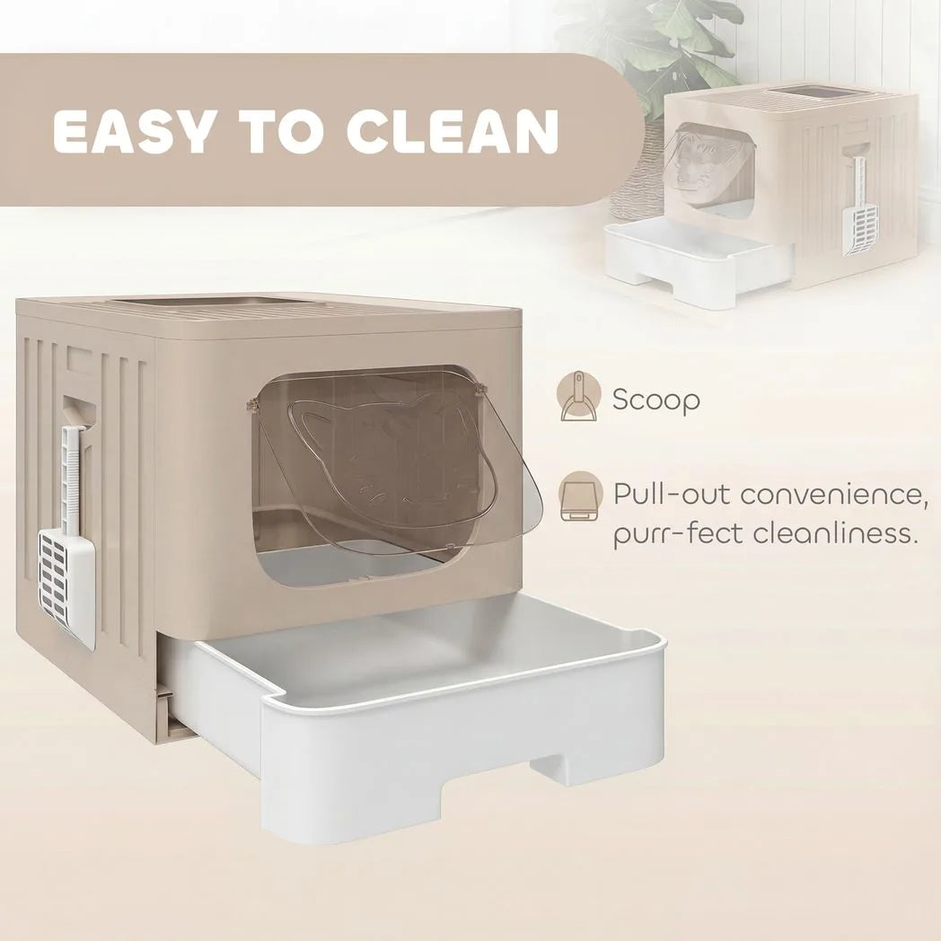 PawHut Cat Litter Box with Lid, Slide-Out Drawer and Scoop – Odour Control, Anti-Splashing, Khaki