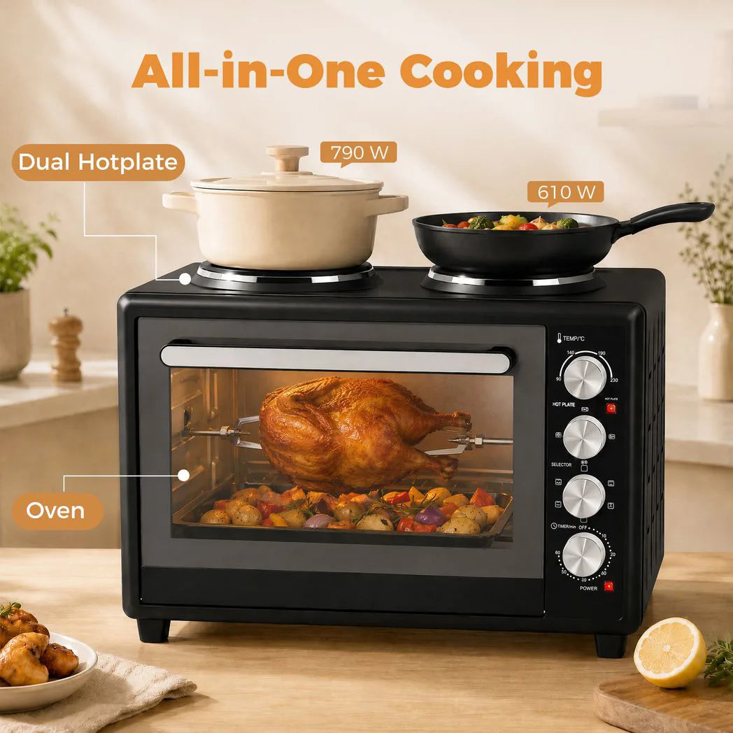 HOMCOM 46L Mini Oven with Dual Hot Plates and Convection – Electric Countertop Cooker with Rotisserie, 90–230°C