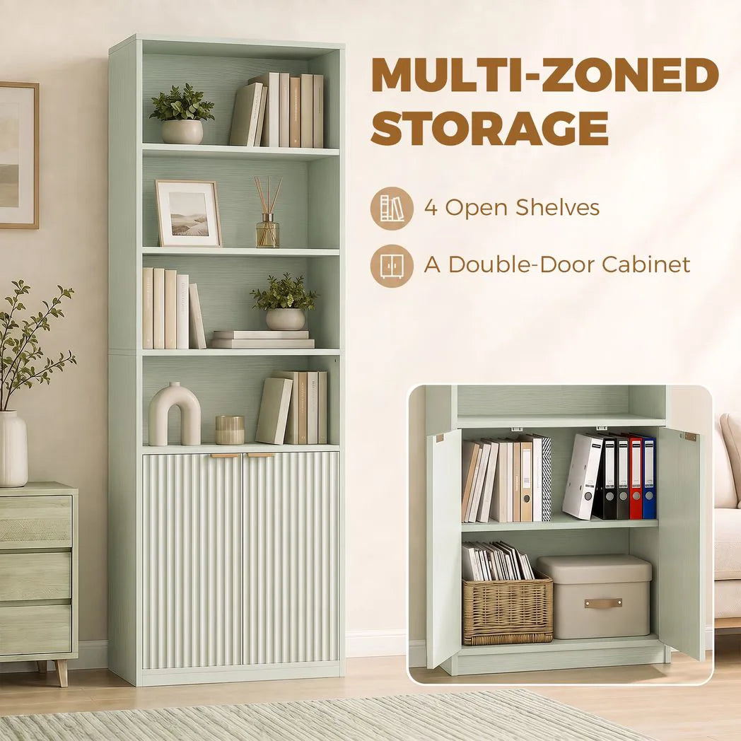 HOMCOM Slim 6-Tier Bookcase with Double-Door Cabinet and Anti-Tip Hardware – Adjustable Shelf, Light Green