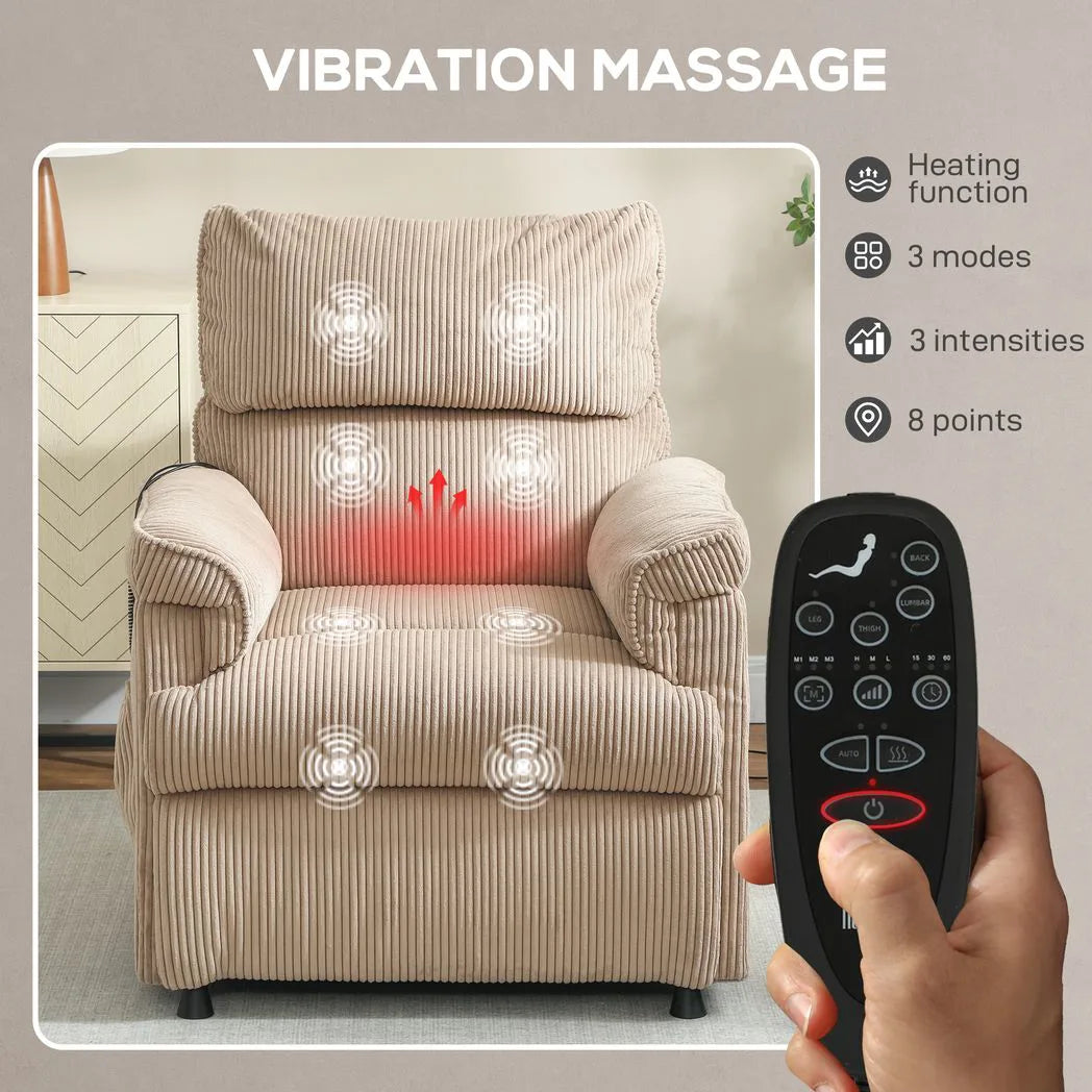 HOMCOM Corduroy Electric Massage Recliner Chair with Heat, Memory Function and USB Port – 150° Armchair, Brown