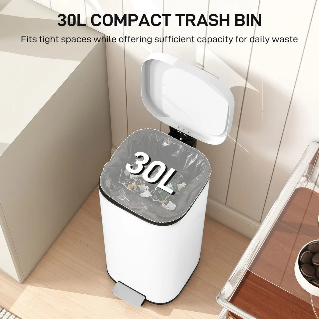 HOMCOM 30L Kitchen Pedal Bin with Soft-Close Lid – Compact Rubbish Bin with Removable Bucket, White