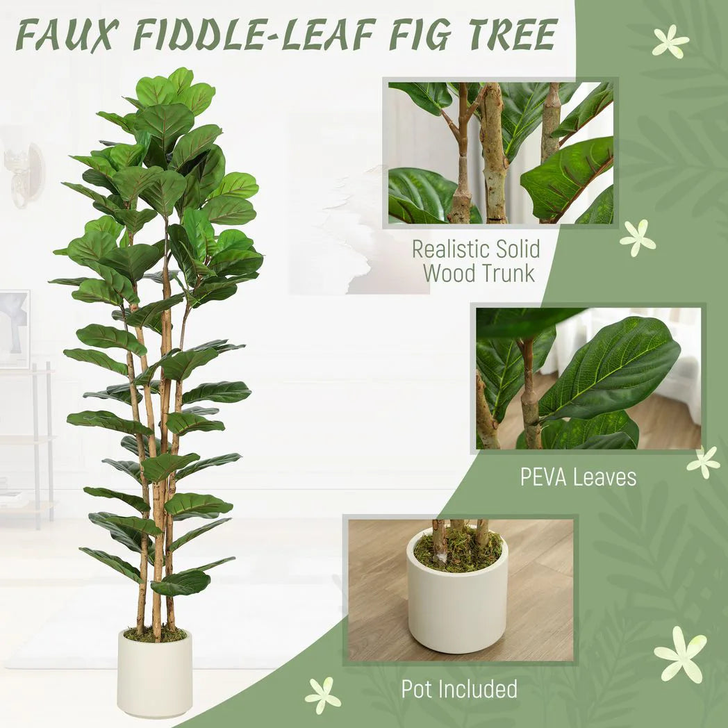 HOMCOM 180cm Artificial Fiddle Leaf Fig Tree in White Pot – Realistic Faux Plant for Home and Office, Green