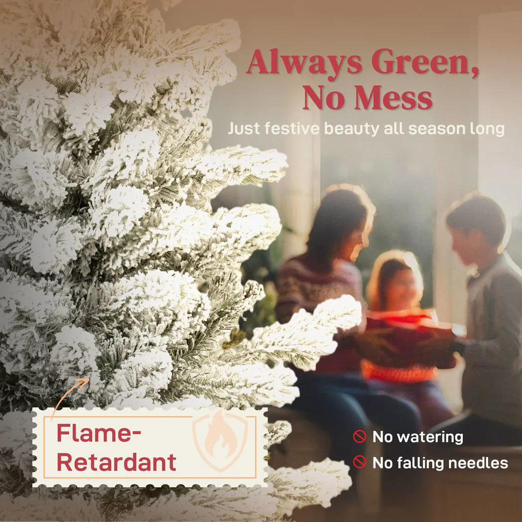 HOMCOM 7ft Flocked Artificial Christmas Tree with 972 Branches – Slim Snowy Tree, Flame-Retardant