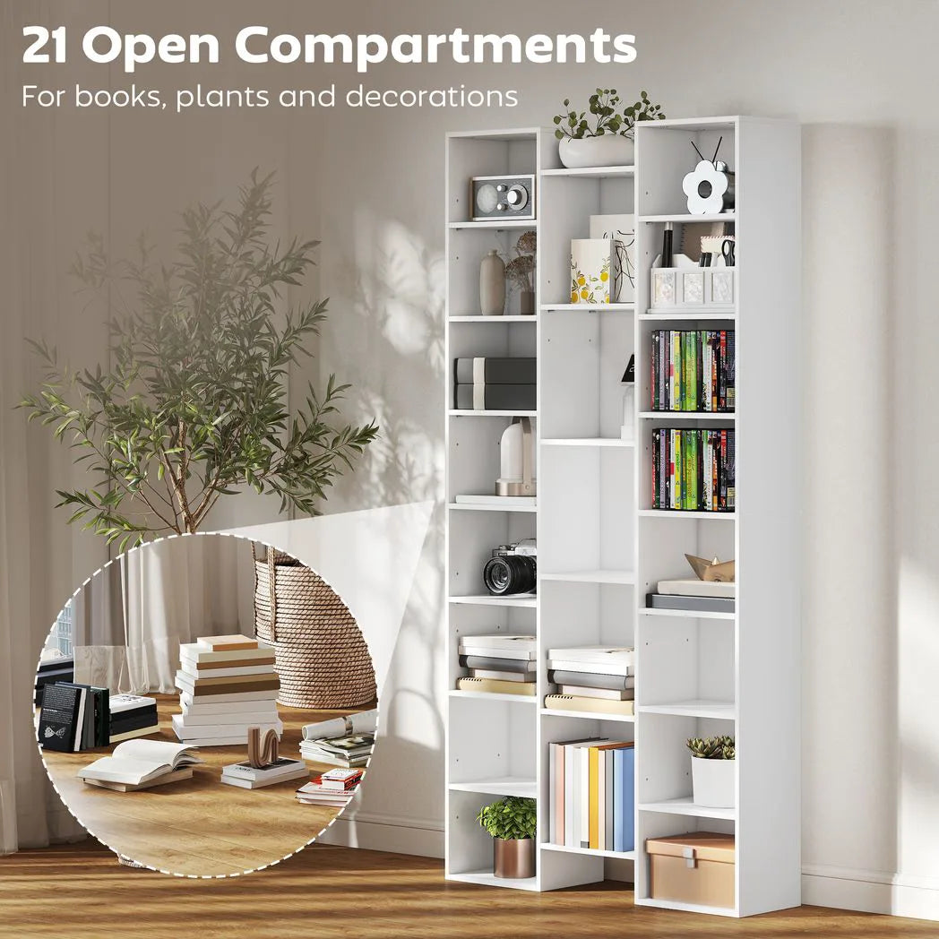 HOMCOM 21-Compartment Bookshelf with Asymmetrical Layout and Anti-Tipping Device – Steel and Board, White