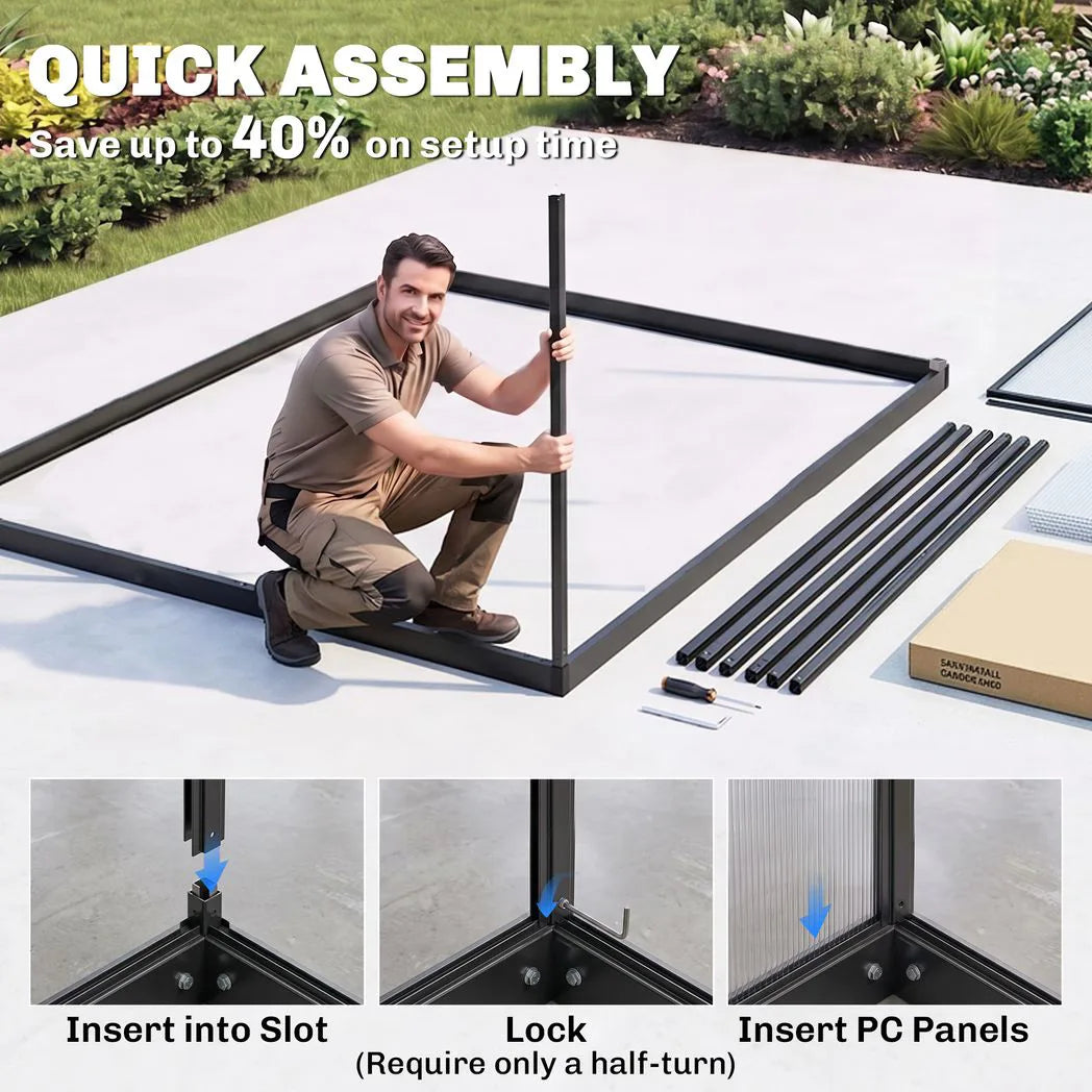 Outsunny 6 x 5.5ft Polycarbonate Greenhouse with Push Door, Roof Vent & Rain Gutter – Walk-In Garden Greenhouse, Black