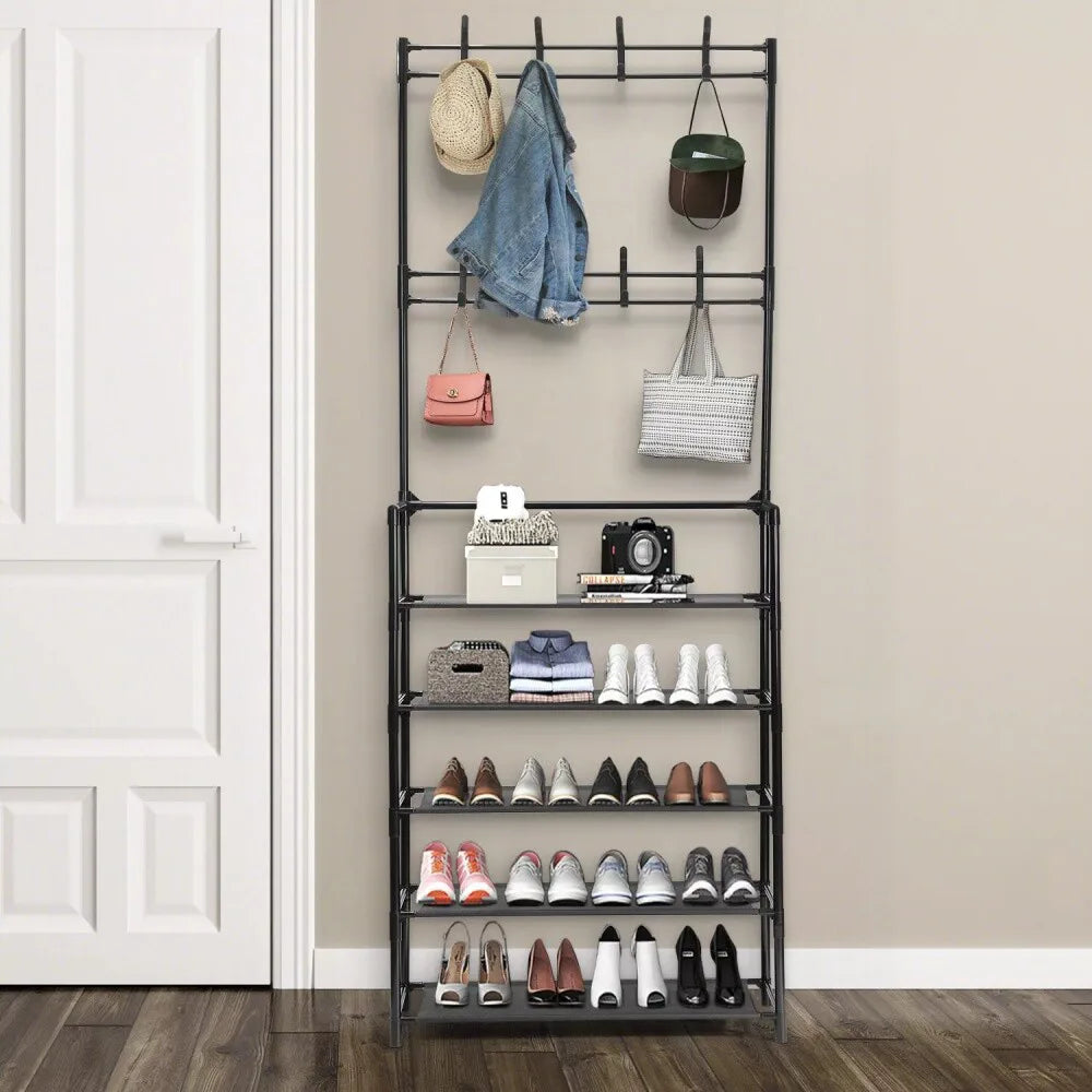 Metal Coat and Hat Stand with 8 Hooks & 5-Tier Shoe Rack, 60 x 26 x 170cm, Black