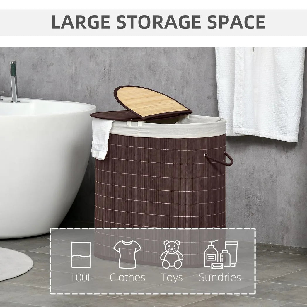 HOMCOM 100L Bamboo Laundry Basket with Lid, 2 Compartments & Removable Liner – Washing Hamper, Brown