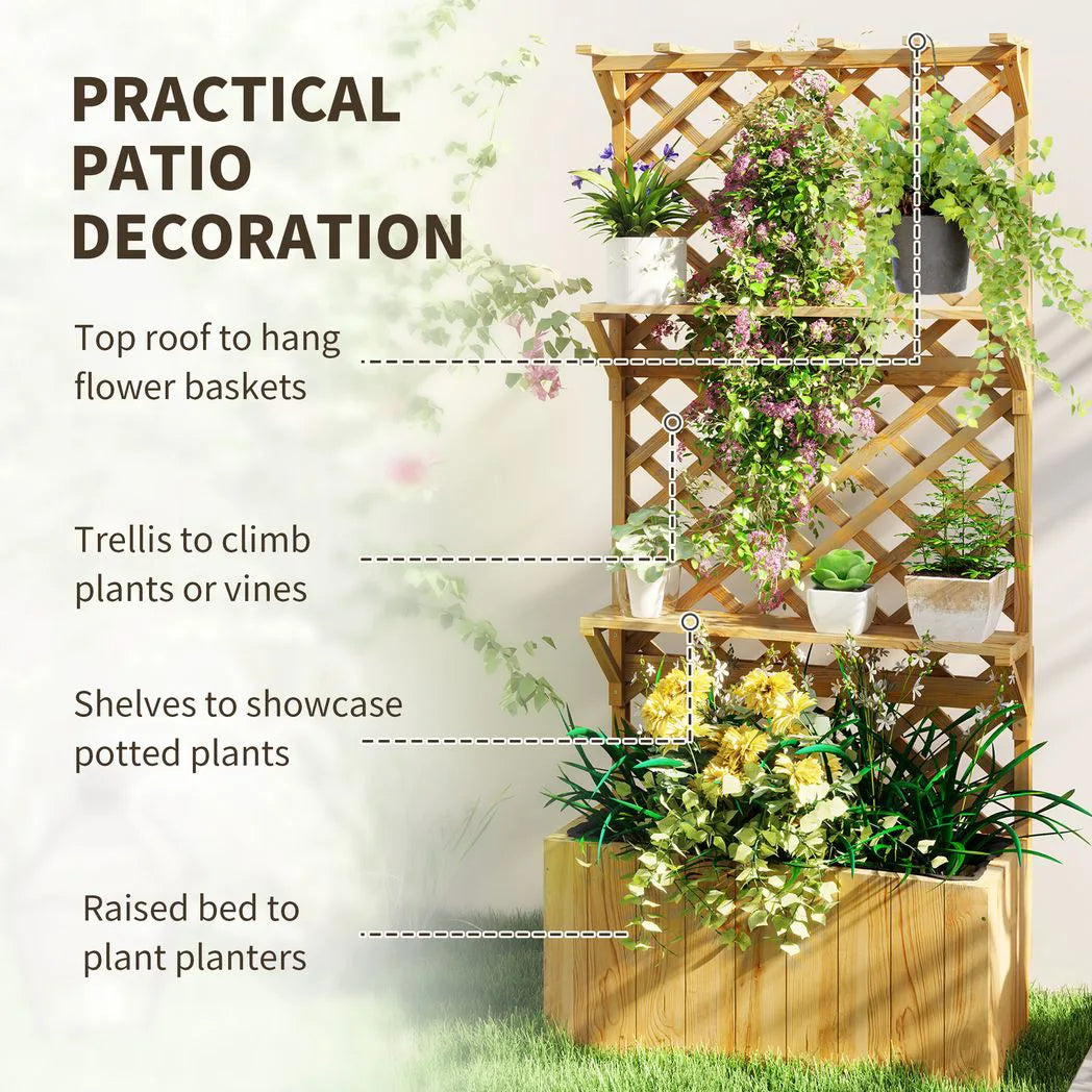 Outsunny 52L Wooden Planter, with Trellis and Shelves – Natural Finish