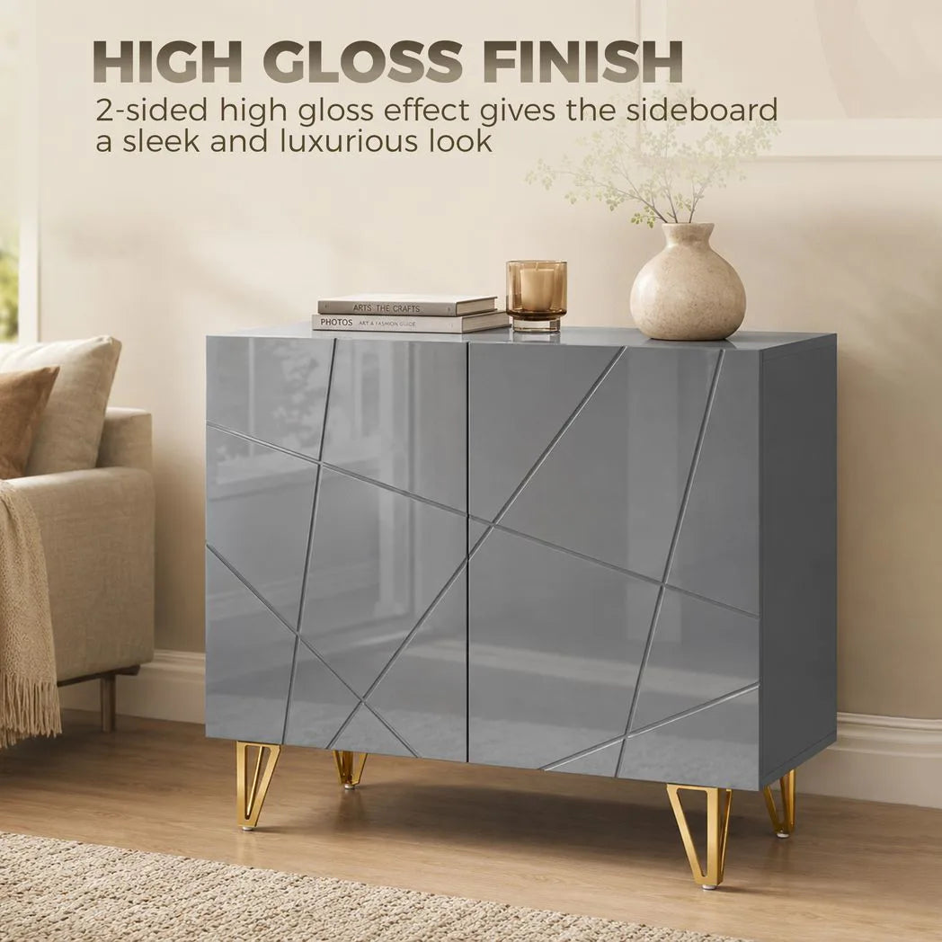 HOMCOM Modern Luxe High Gloss Sideboard with Hairpin Legs, Two Shelves – Kitchen Storage Cabinet, Grey