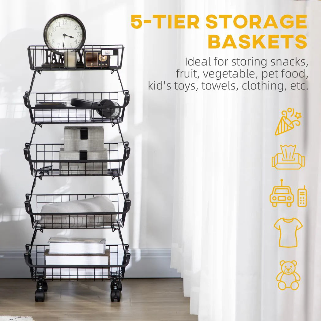 HOMCOM 5-Tier Stackable Storage Trolley – Fruit and Vegetable Cart for Kitchen and Living Room with Lockable Wheels, Black